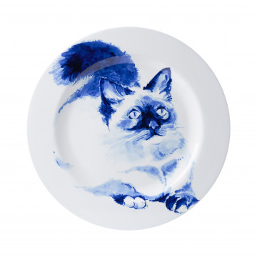 Handbeschilderde liggende kat Heinen Delfts Blauw