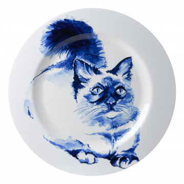 Handbeschilderde liggende kat groot Heinen Delfts Blauw