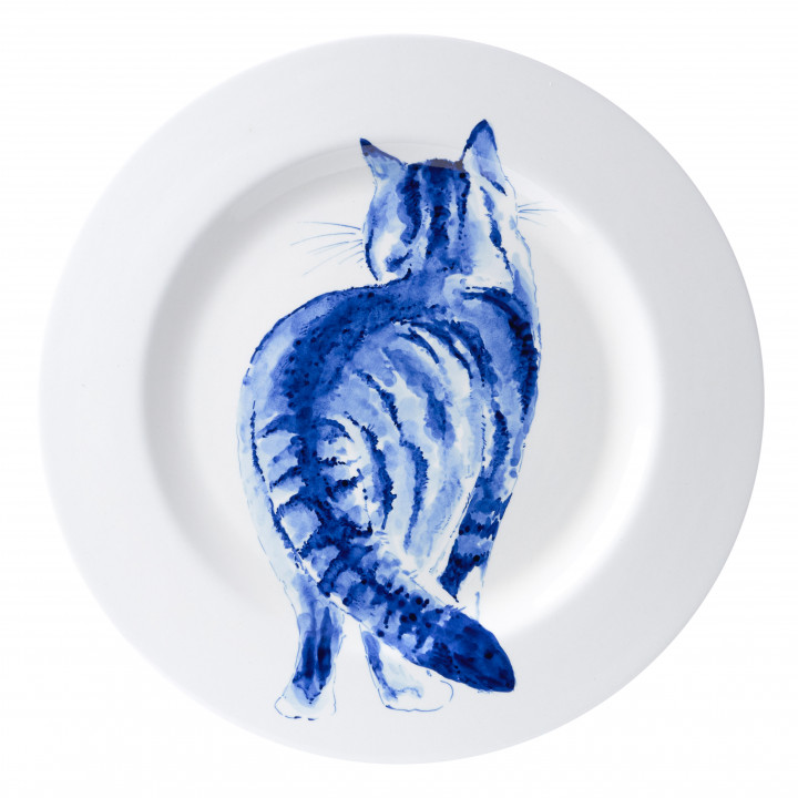 Handbeschilderde lopende kat op erf groot Heinen Delfts Blauw