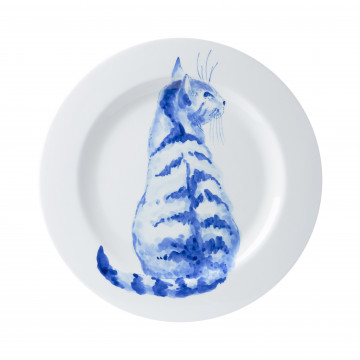 Handbeschilderde zittende kat Heinen Delfts Blauw