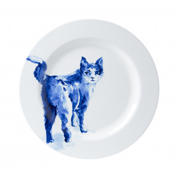 Handbeschilderde kat kijkt achterom Heinen Delfts Blauw