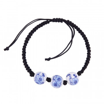 Armband met 3 delfts blauwe bloemen kralen (verstelbaar) Heinen Delfts Blauw
