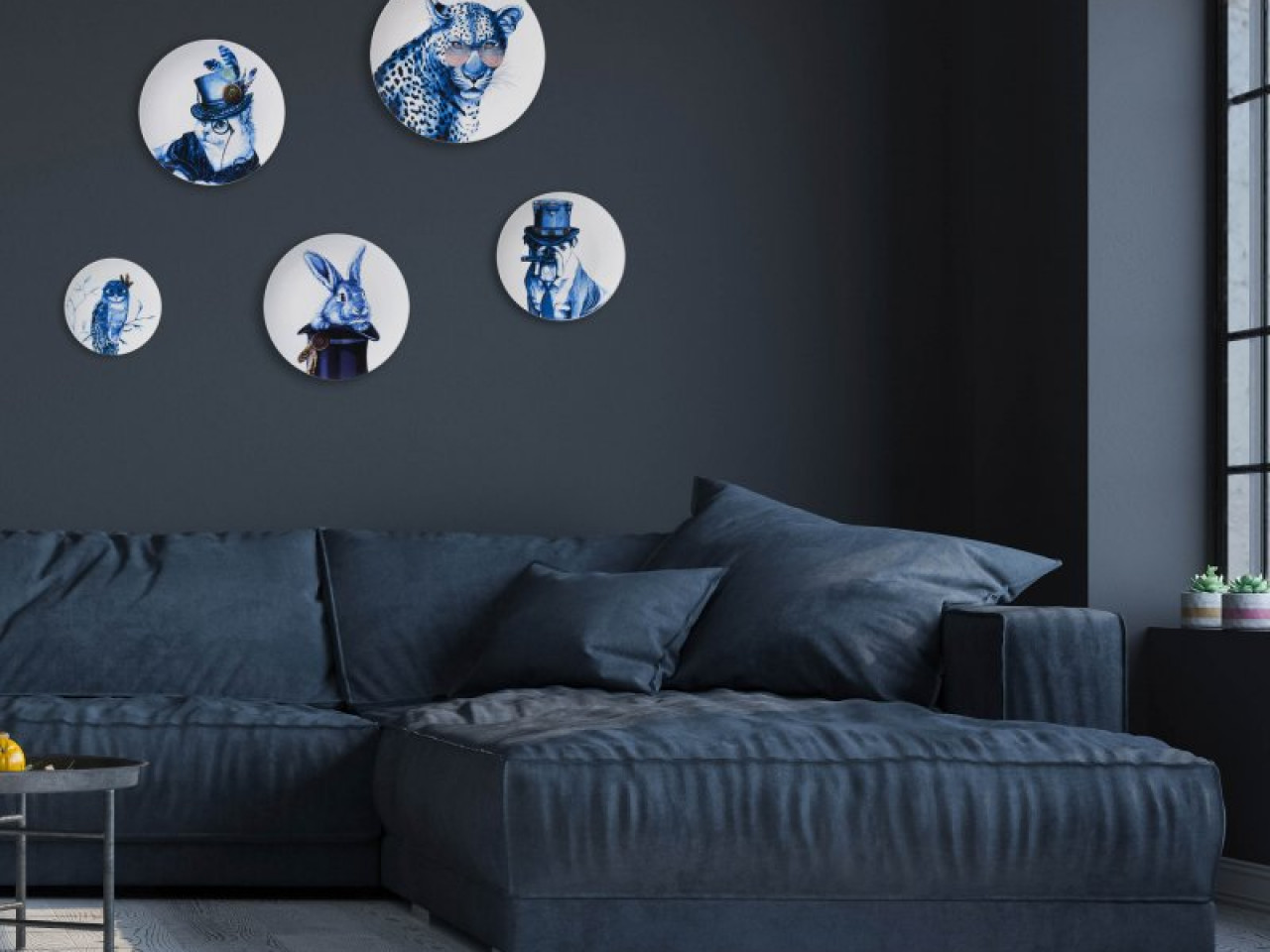 Delfts blauwe wandborden mix 3 dieren set van 5 aan de muur woonkamer Heinen Delfts Blauw