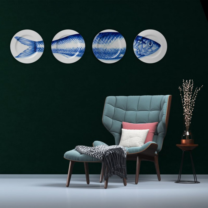 Handbeschilderde borden vis set van 4 aan de muur Heinen Delfts Blauw