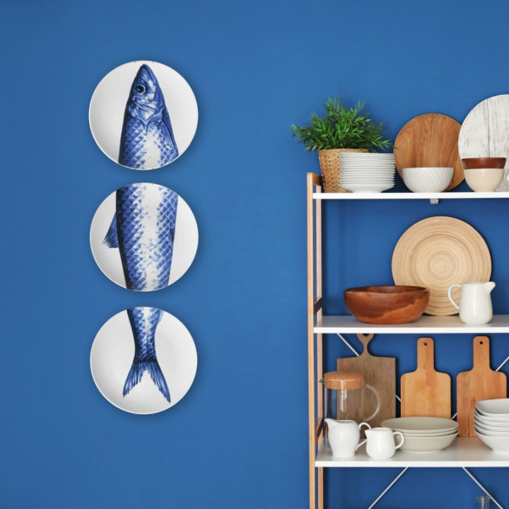 Delfts blauwe borden met Vis set van 3 aan de muur Heinen Delfts Blauw
