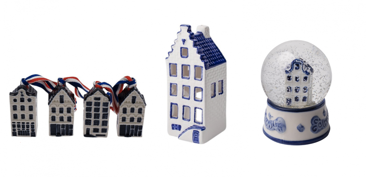 Delfts blauwe grachtenhuisjes om op te hangen, snowglobe met grachtenhuis en Huis met een waxinelicht van Heinen Delfts Blauw