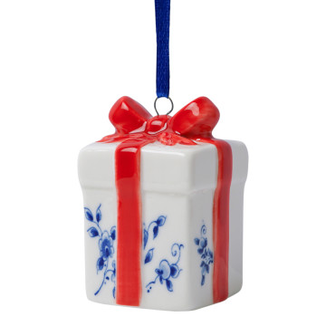 Delfts blauw kerstornament cadeau met rood lint