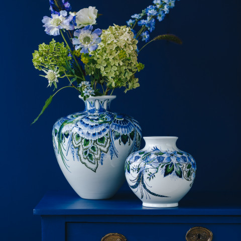 Handbeschilderde "Nature" Vaas groot en klein met droogbloemen Heinen Delfts Blauw