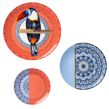 Wandborden set van drie borden met een tucan en Delfts Blauwe mandala's
