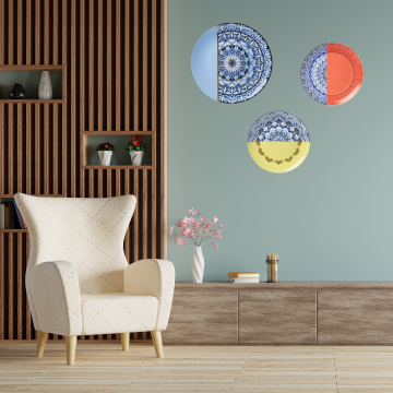 Delfts blauwe mandala wandborden in een modern interieur
