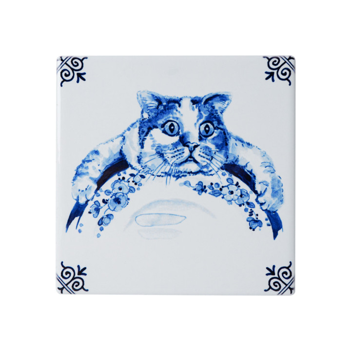 Luie kat met bord in Delfts blauw