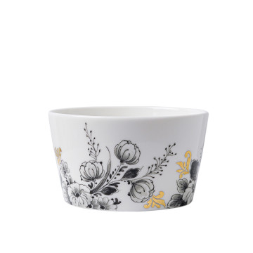 Yoghurtschaaltje avondbloem met zwarte bloemen en gouden details
