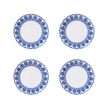 Vier gebaksbordjes met een Delfts blauwe rand van Pauw veren
