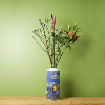 Cilinder vaas Vogels van Van Gogh met bloemen Heinen Delfts Blauw
