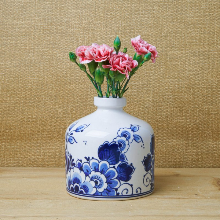 Delfts blauwe vaas rond bloem met verse bloemen Heinen Delfts Blauw