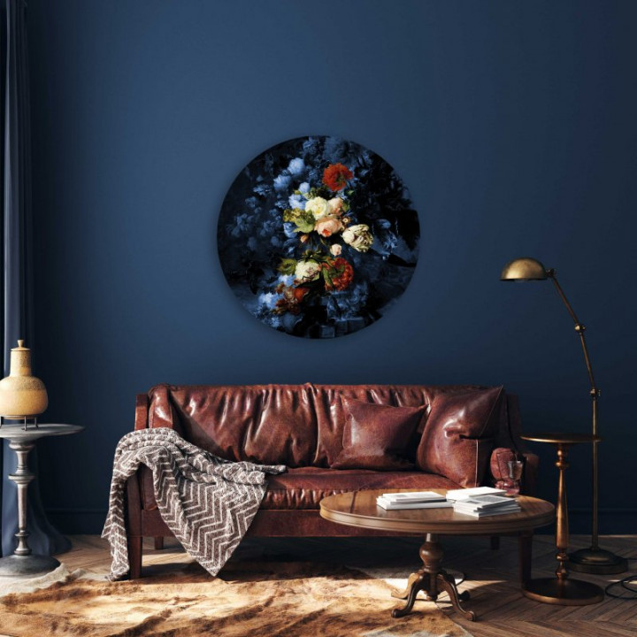 Wandcirkel Bloemenpracht 80 cm aan de muur woonkamer Heinen Delfts Blauw