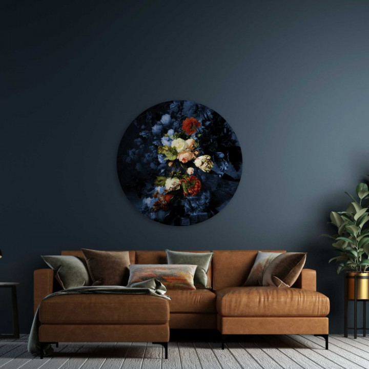 Wandcirkel Bloemenpracht 80 cm aan de muur woonkamer Heinen Delfts Blauw