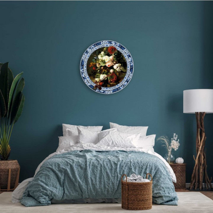 Wandcirkel Delftse Bloemenpracht 80 cm aan de muur slaapkamer Heinen Delfts Blauw