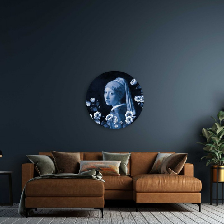 Wandcirkel Meisje met de Parel 100 cm aan de muur woonkamer Heinen Delfts Blauw