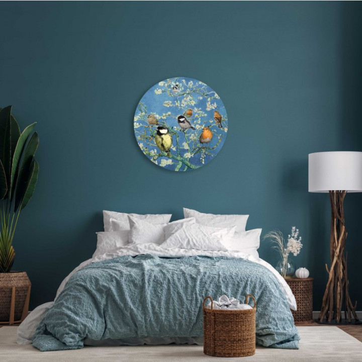 Wandcirkel Vogels van Van Gogh 100 cm aan de muur slaapkamer Heinen Delfts Blauw